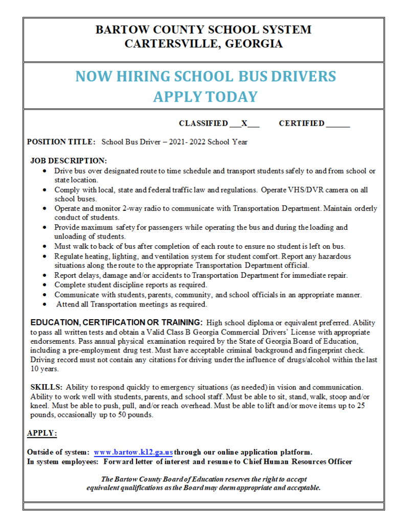 School Bus Driver Job Posting