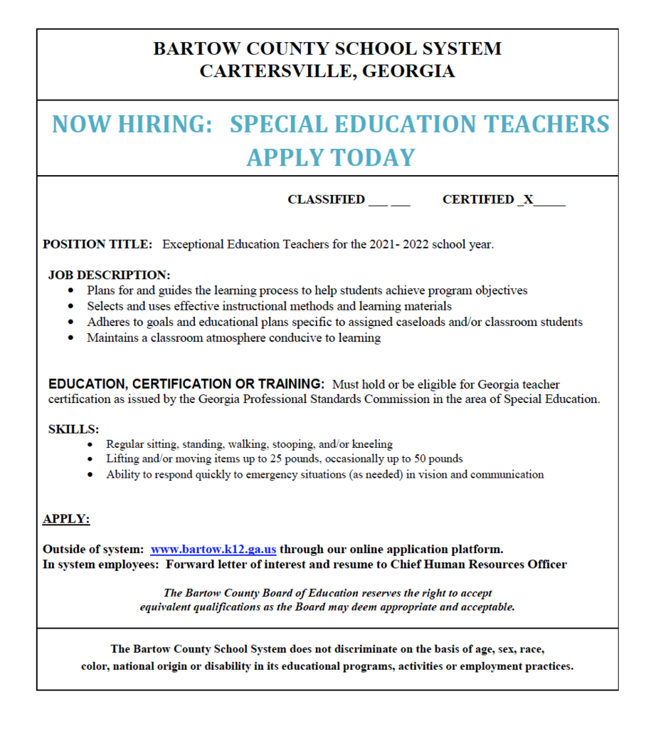 Job posting for Exceptional Education